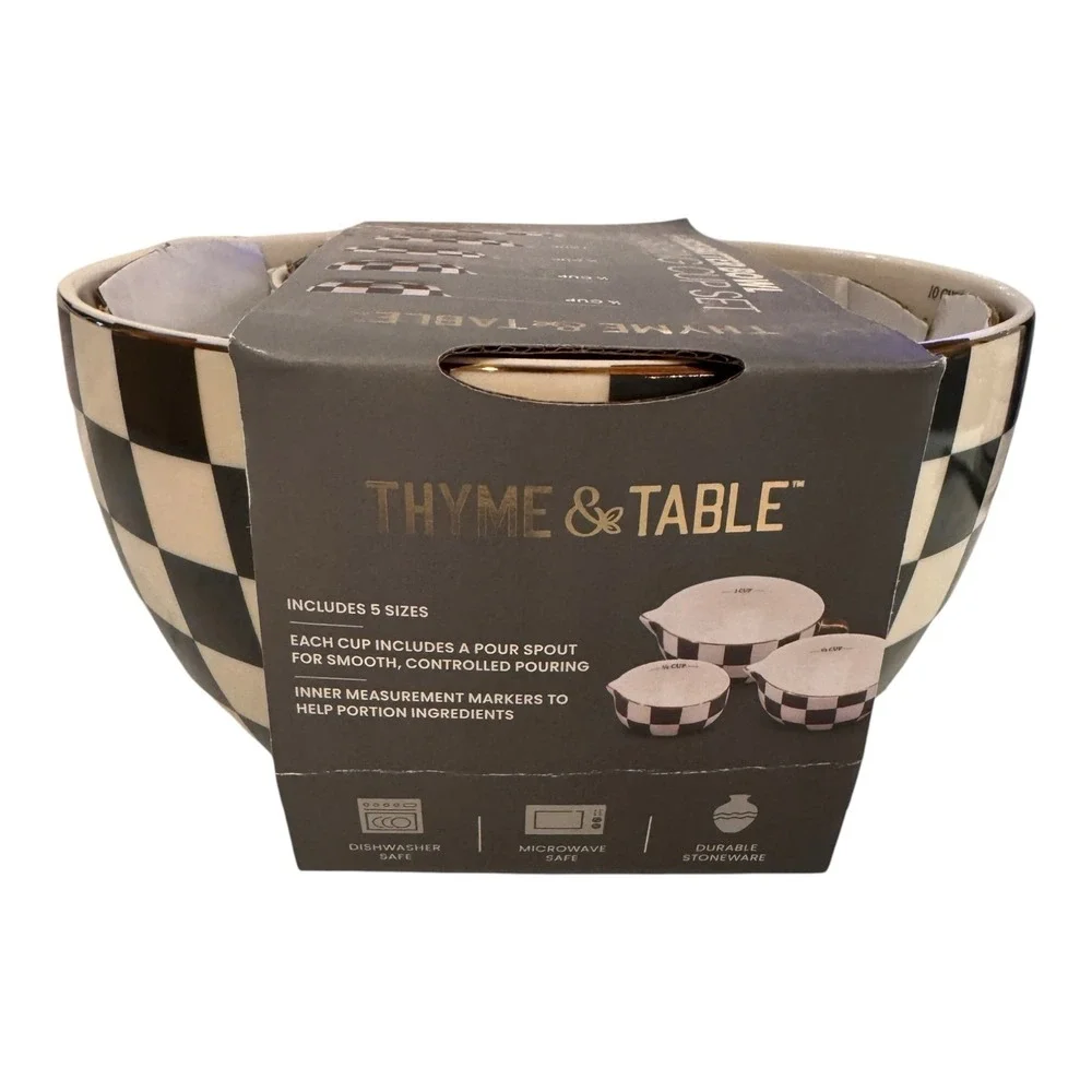 Thyme & Table 5-Piece Ceramic Mixing Bowl and Measuring‎ Set - Black Checkered